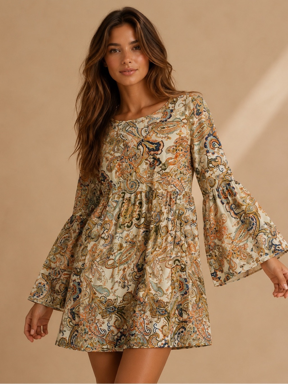 Boho Paisley Bell Sleeve Dress Bohemian Floral Mini Dress Size Small